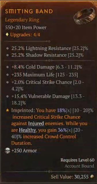 Diablo 4 Marksman Rogue Build - Smiting Band to Increase Critical Strike Chance Against Injured Enemies