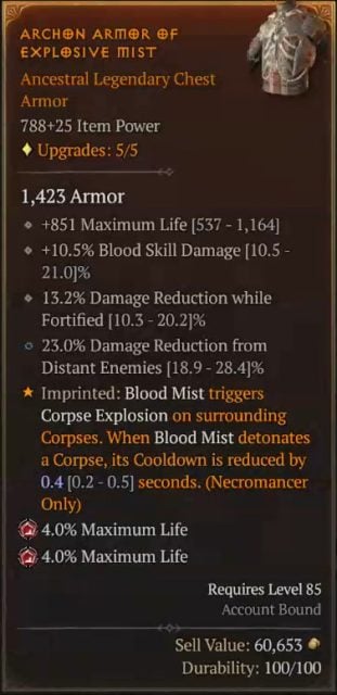 Diablo 4 Necromancer Build - Fate Lancer with the Archon Armor of Explosive Mist for Blood Mist to Trigger Corpse Explosion
