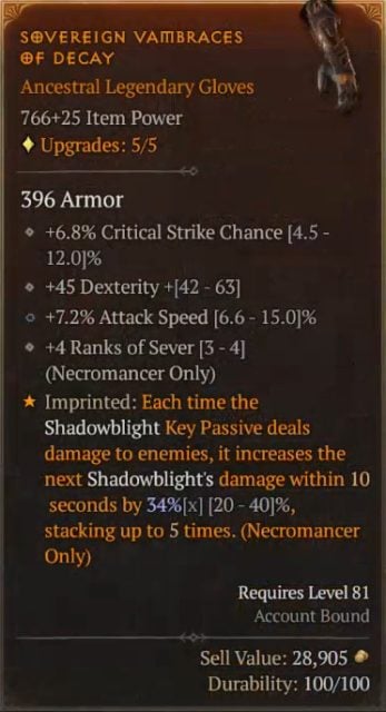 Diablo 4 Necromancer Build - Grim Reaper Sovereign Vambraces of Decay to Increase Shadowblight's Damage