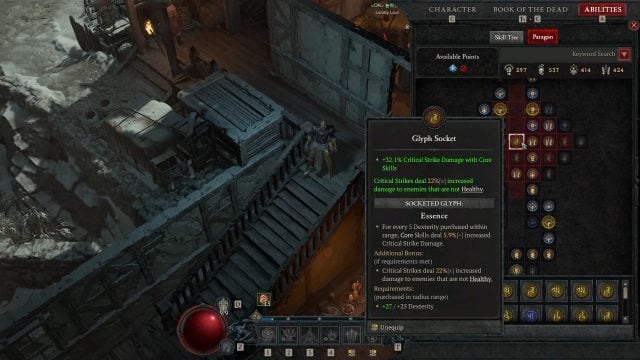 Diablo 4 Paragon System Guide - Essence Glyph for the Increased Critical Strike Damage with Core Skills